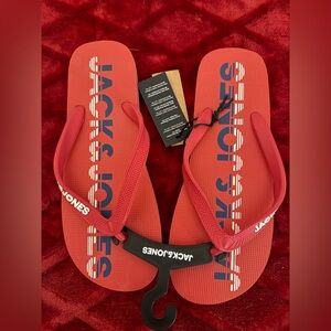 Jack & Jones Red Flip Flops with Navy Logo